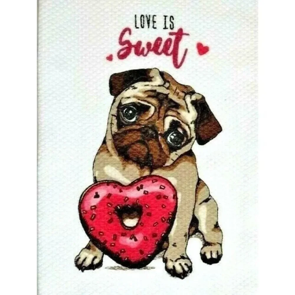 Love is Sweet Red Heart Pug Kitchen Towels Cotton 2-pc Valentine Gift NEW
